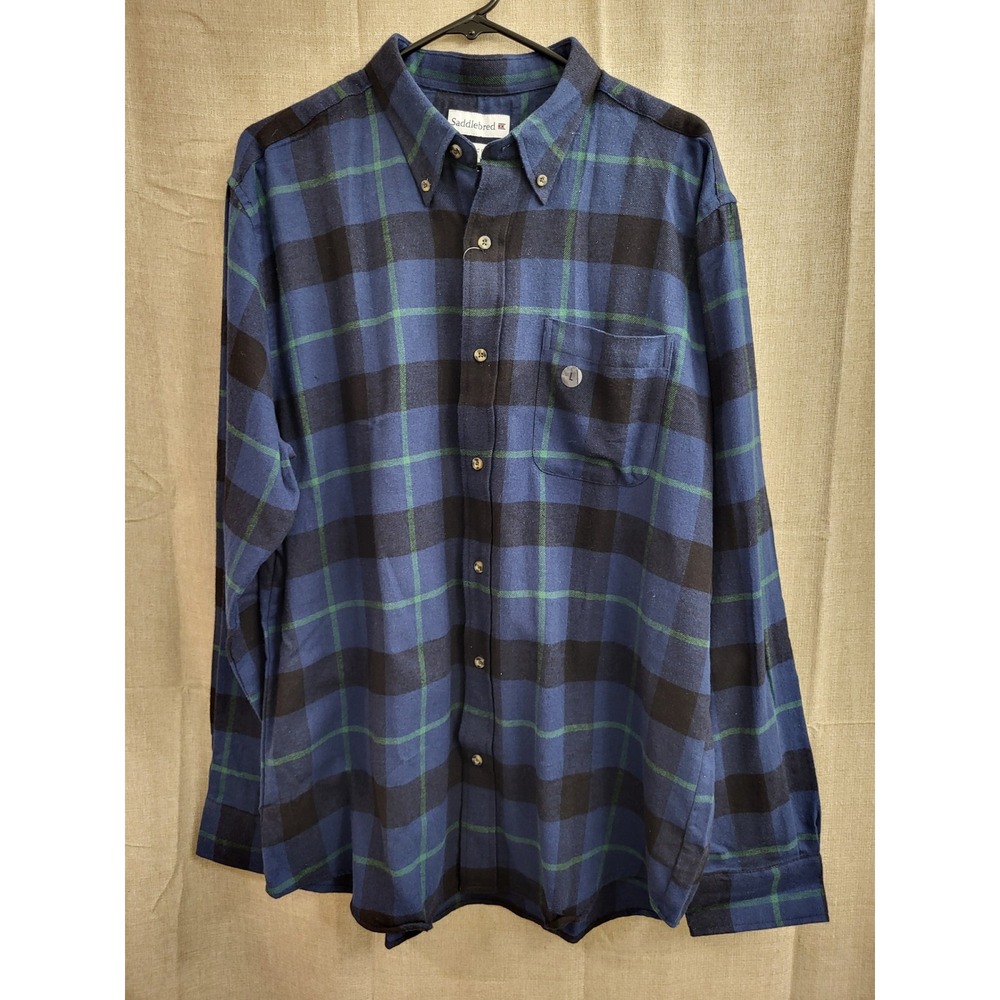 Saddlebred Mens Flannel Shirt Large Beam Blue Plaid Cotton Classic Fit NWT